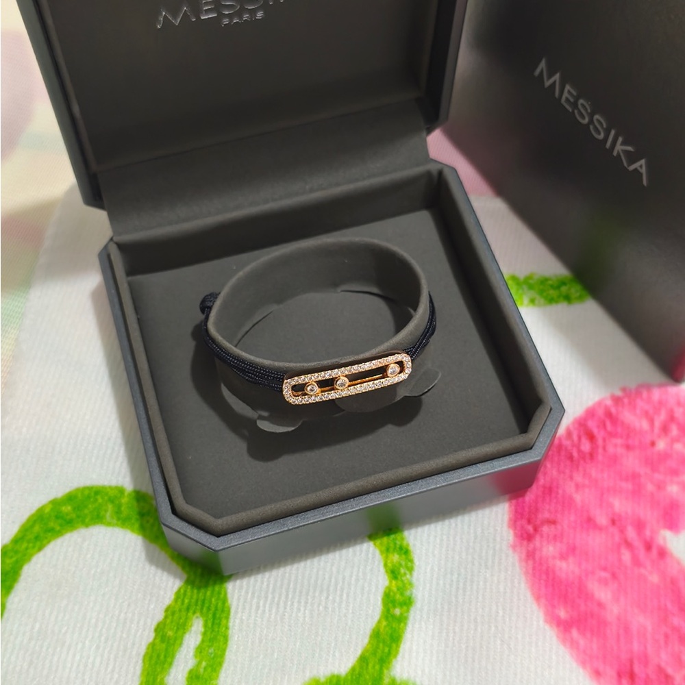 Messika Rose Gold Diamond Bar Bracelet with Black Cord